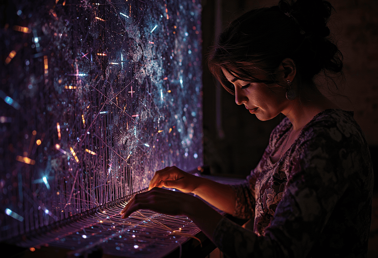 AI generated: A woman, her face serene in concentration, weaves a tapestry of starlight and dreams. Threads of vib...