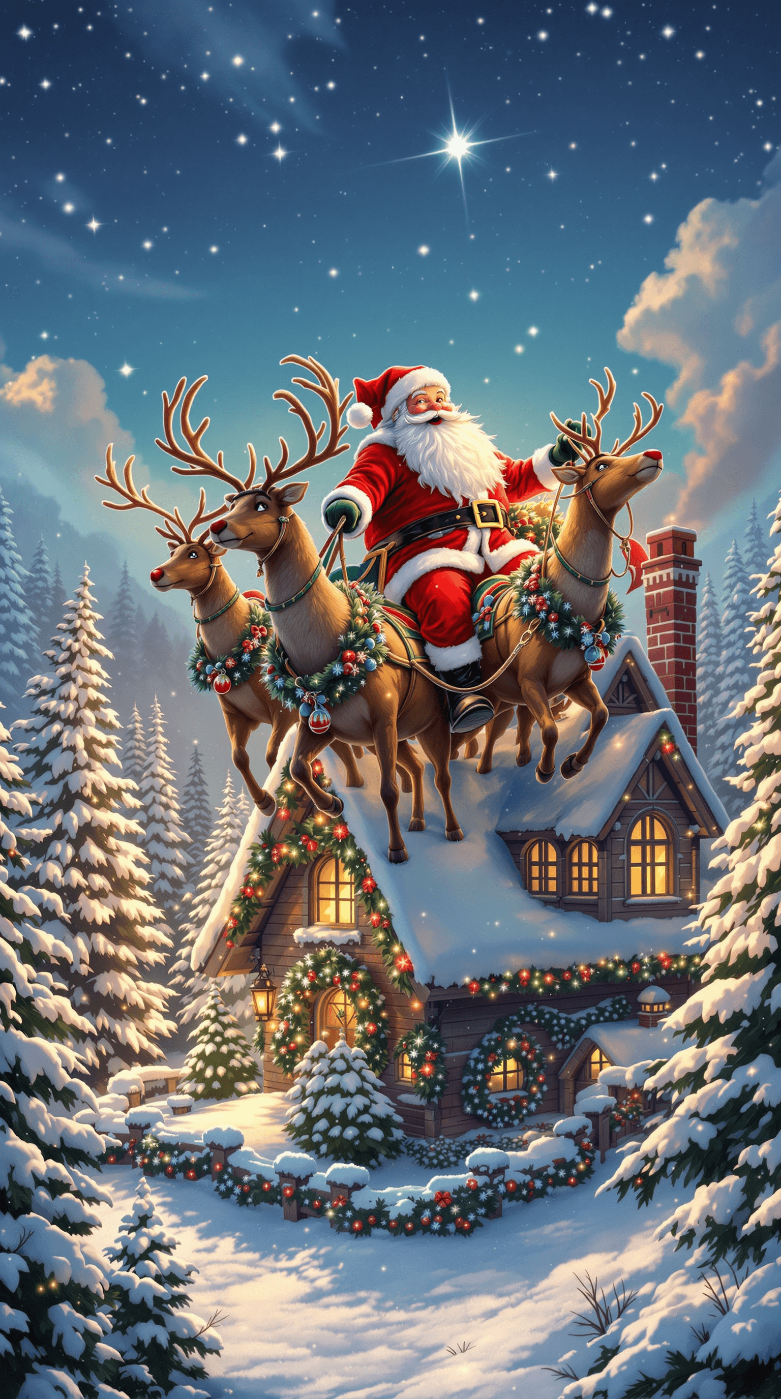 AI generated:  North Pole with Santa and his reindeer riding over Santa’s house