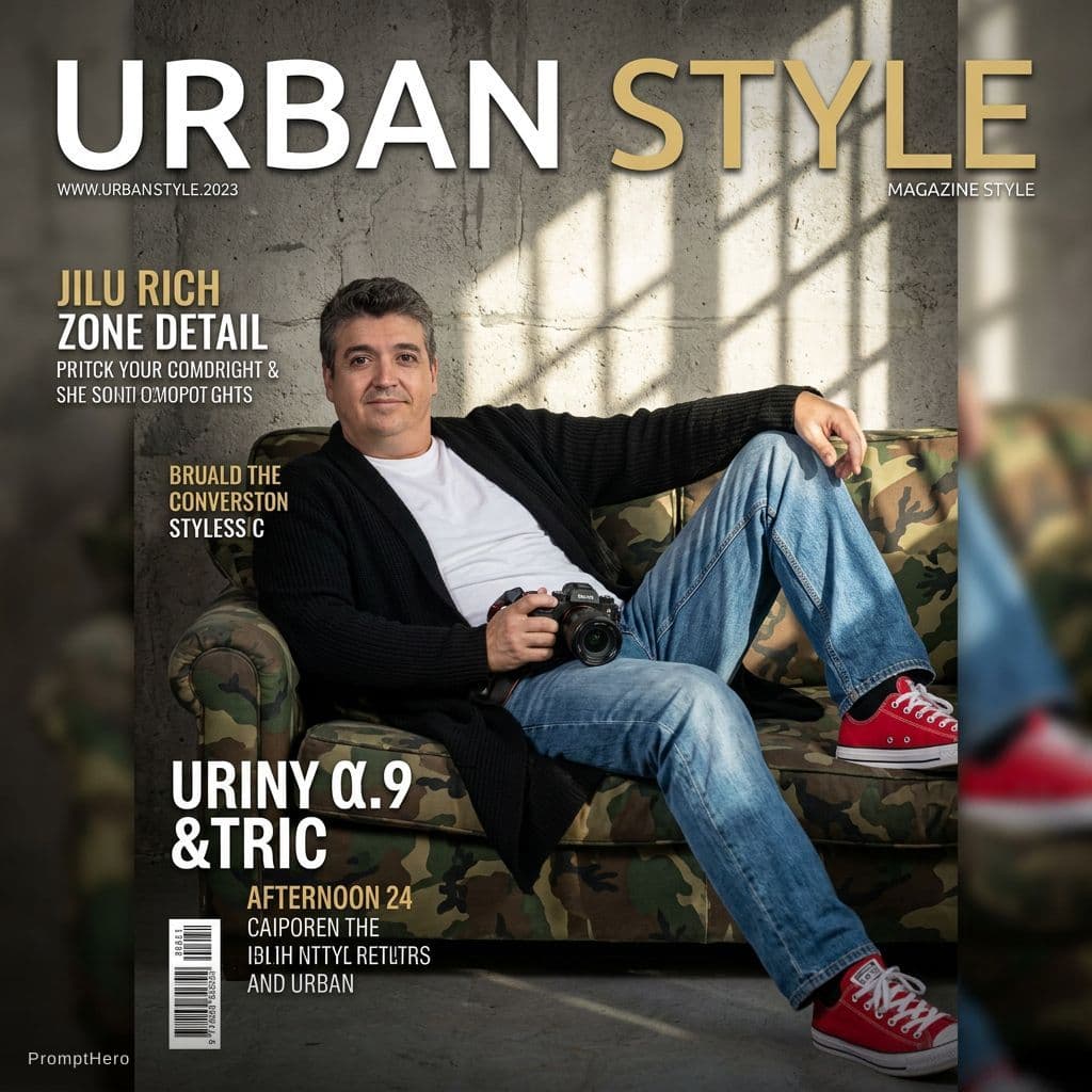 AI generated: photography, magazine cover, tilt shot, male model lounging on a worn camouflage sofa, casually dres...