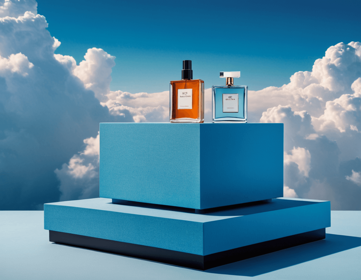 AI generated: Product photography, beautiful blue podium for product, super detalised and fashion, with puffy clou...