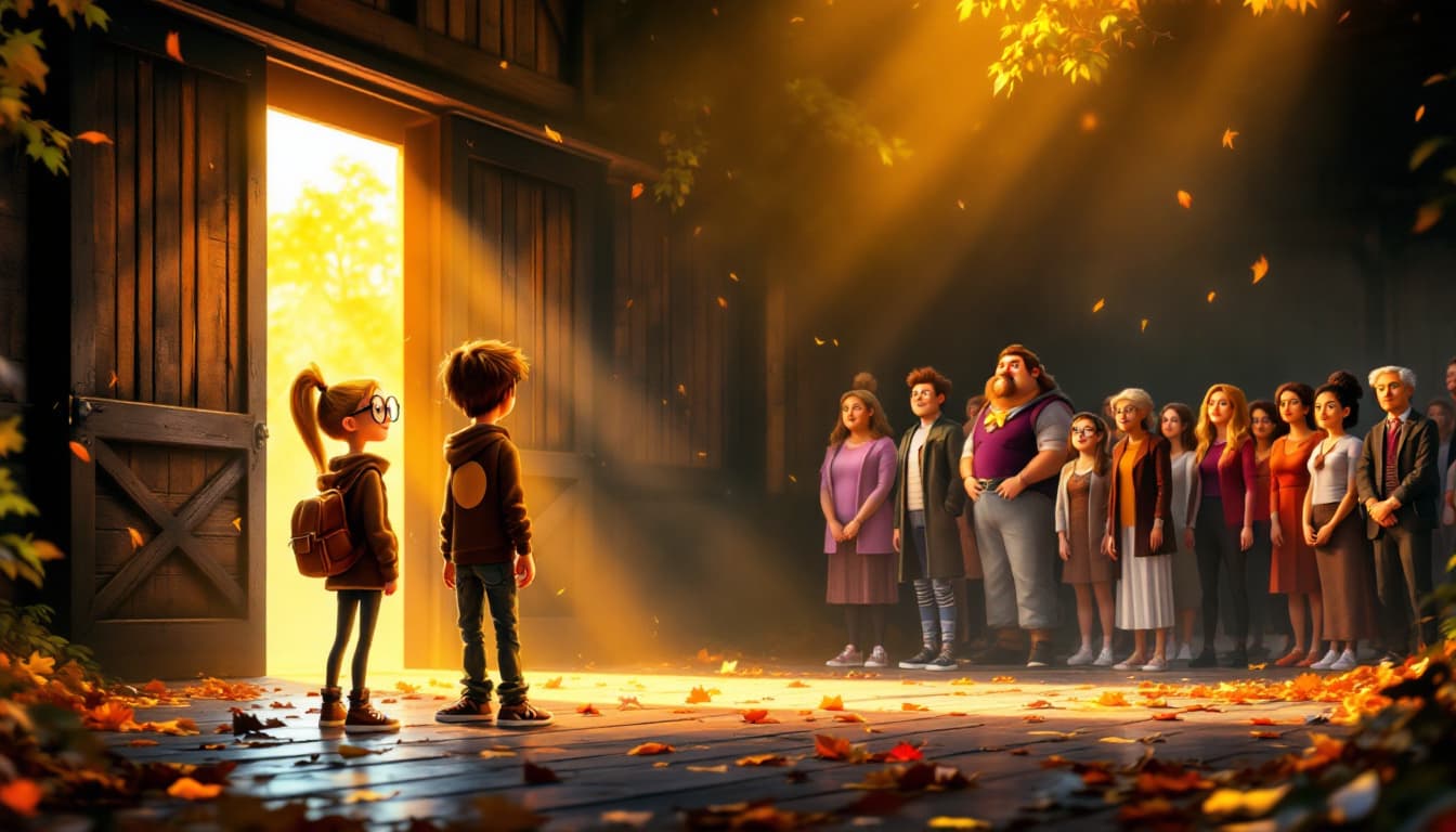 AI generated: A vibrant Pixar-style 3D illustration for a two-page storybook spread inside a towering dark wooden ...