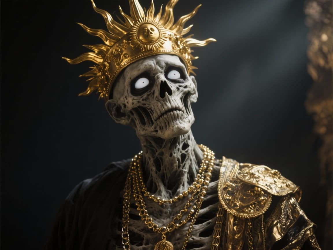 AI generated: Undead king with golden crown and necklaces, golden sunrays headdress, dead white eyes, dead dry ski...