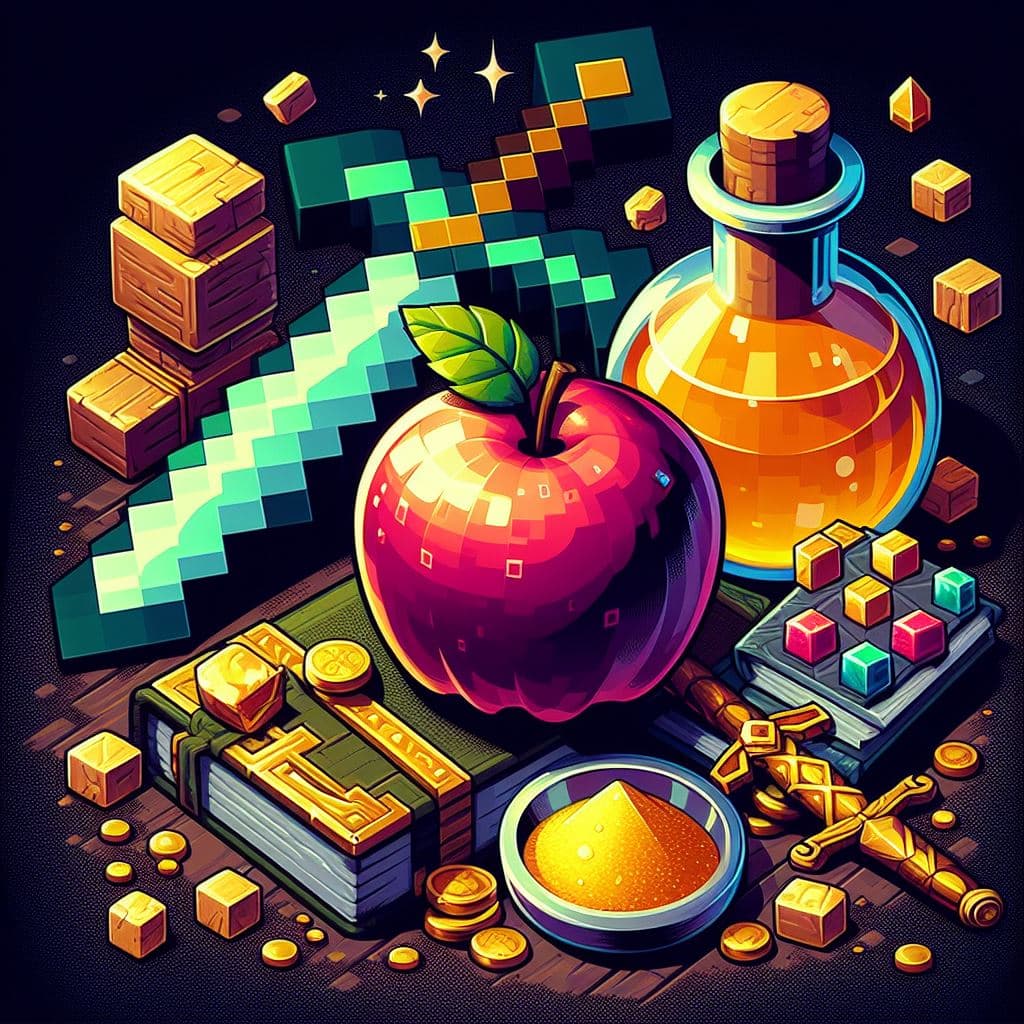 AI generated: items of minecraft, gold apple, sword, potion
