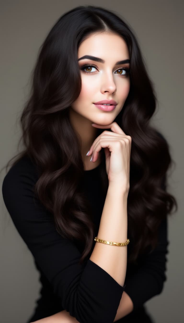 AI generated: A woman with long, wavy dark brown hair, parted in the center, wearing a black long-sleeved top and ...