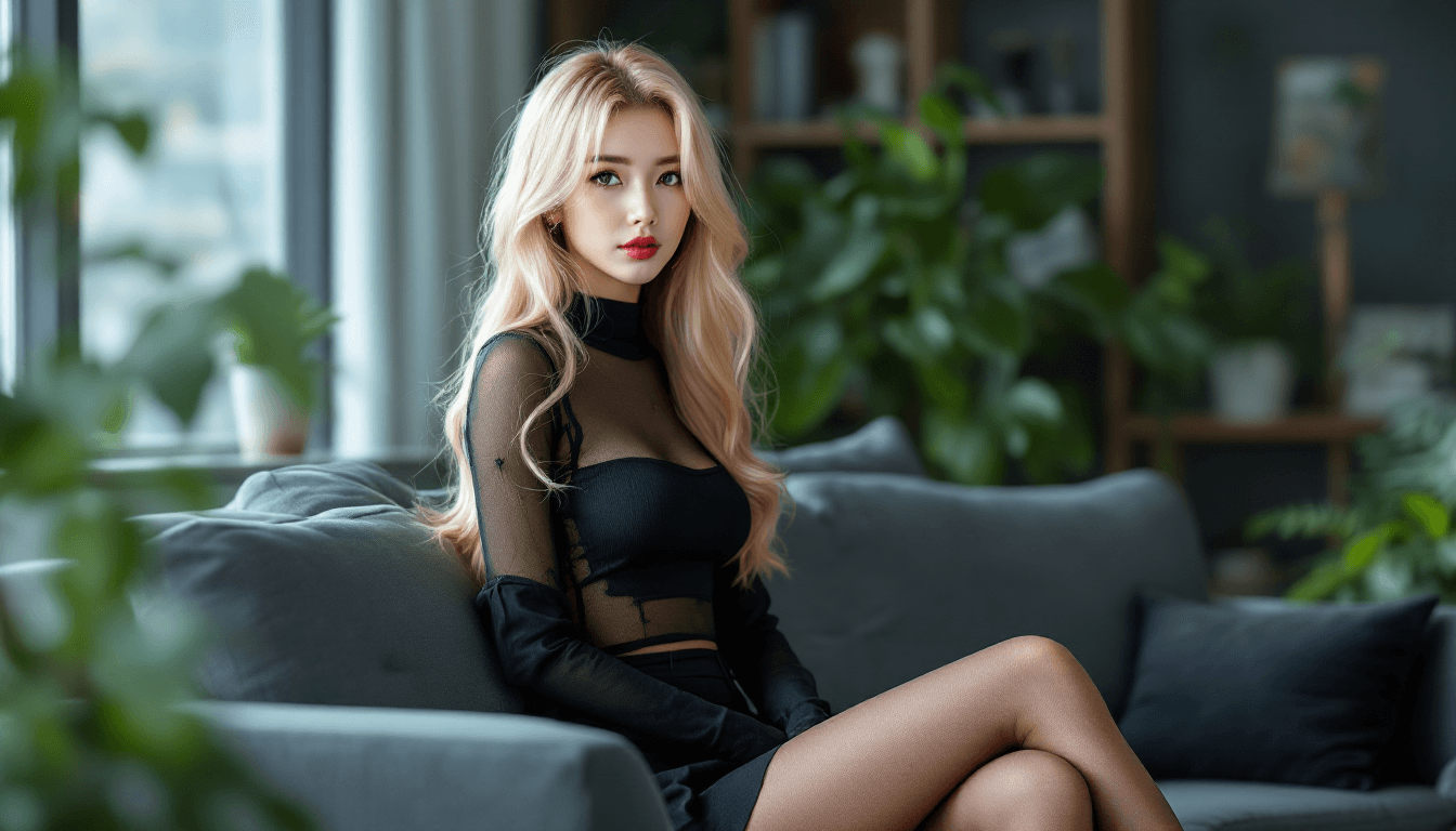 AI generated: A Japanese female,blond long Hair, black miniskirt, black tights, black pointed shoes, fit body, gor...