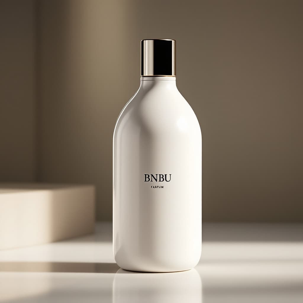 AI generated: A sleek and modern Perfume bottle in a wine shape with a minimalist design. The container is white w...
