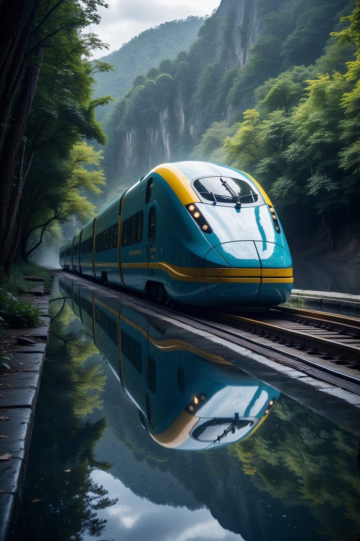 AI generated: Futuristic Concept Bullet Train with Underwater Reflective (reflections) features (transparent) and ...
