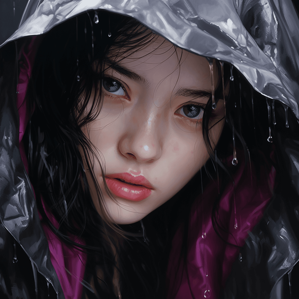 AI generated: A girl in wet weather with pink eyes, in the style of realistic scenery, gongbi, flowerpunk, shiny e...