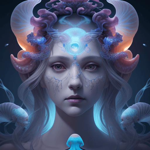 AI generated: Goddess close-up portrait ribcagel. jellyfish phoenix head, nautilus, orchid, skull, betta fish, bio...
