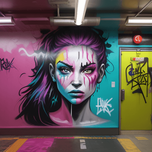 AI generated: Woman is painted in (bold graffiti:1.2) (spray paint:1.3) art. The subway train bursts ((bold stroke...