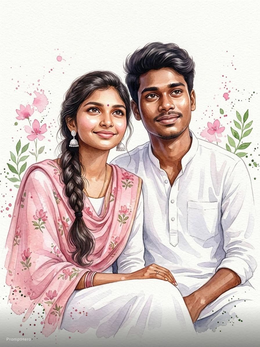 AI generated: Watercolor-style portrait of a young Indian couple sitting gracefully in a white outfit with a pink ...