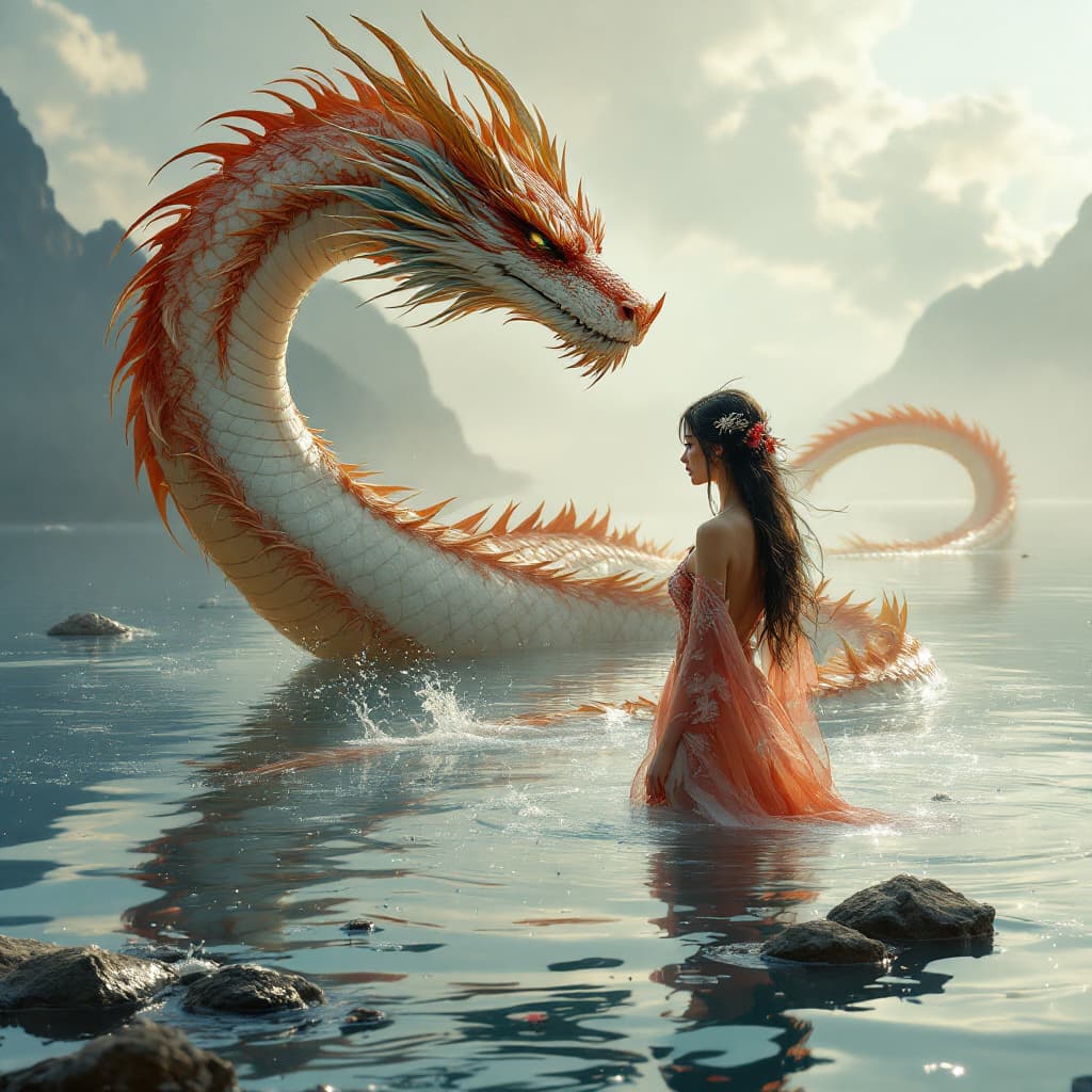 AI generated: a woman is standing in the water next to a dragon, in the style of fantasy scenes, realistic detail,...