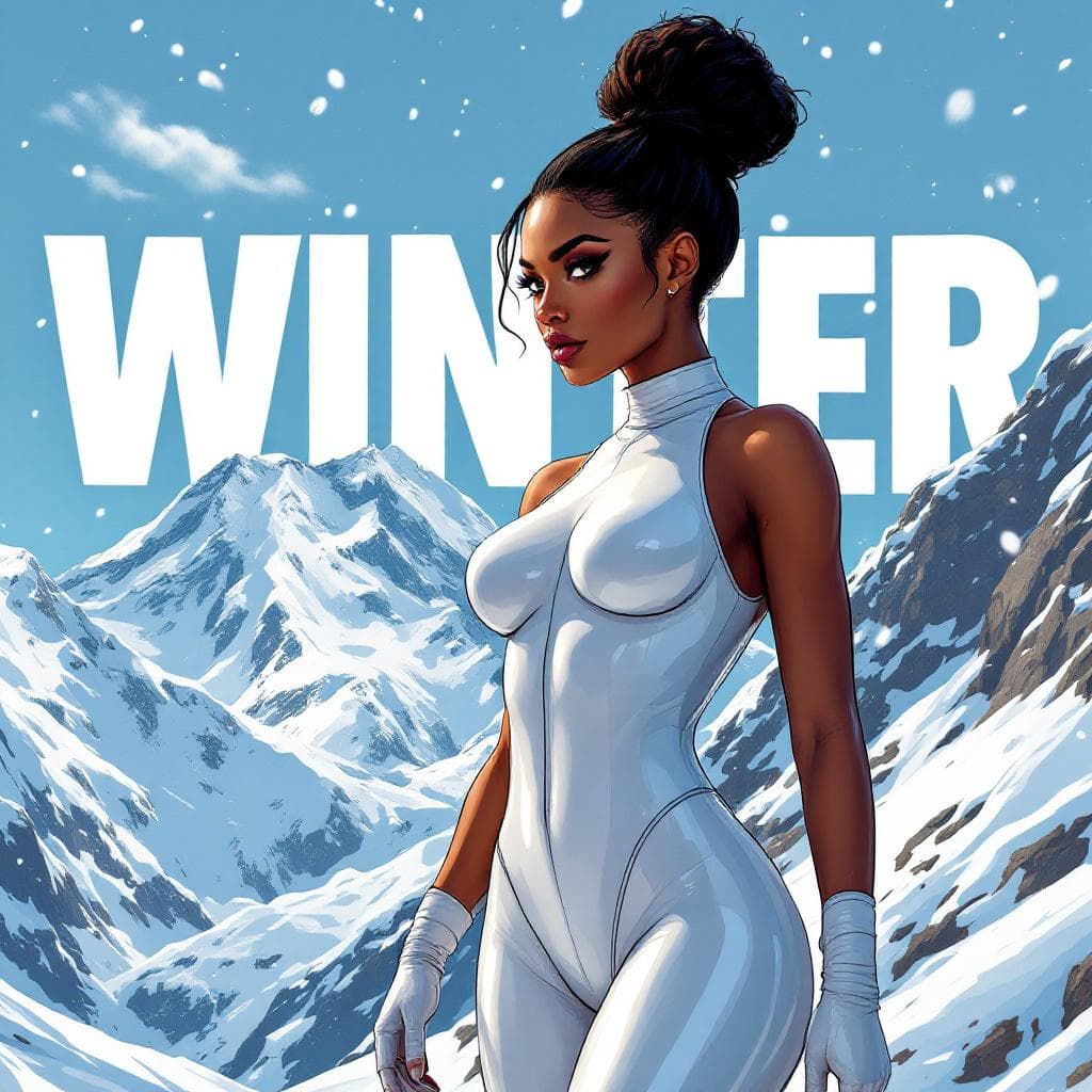 AI generated: Cartoon illustration, comic book cover featuring a gorgeous Afro-American woman, high bun dark hair,...