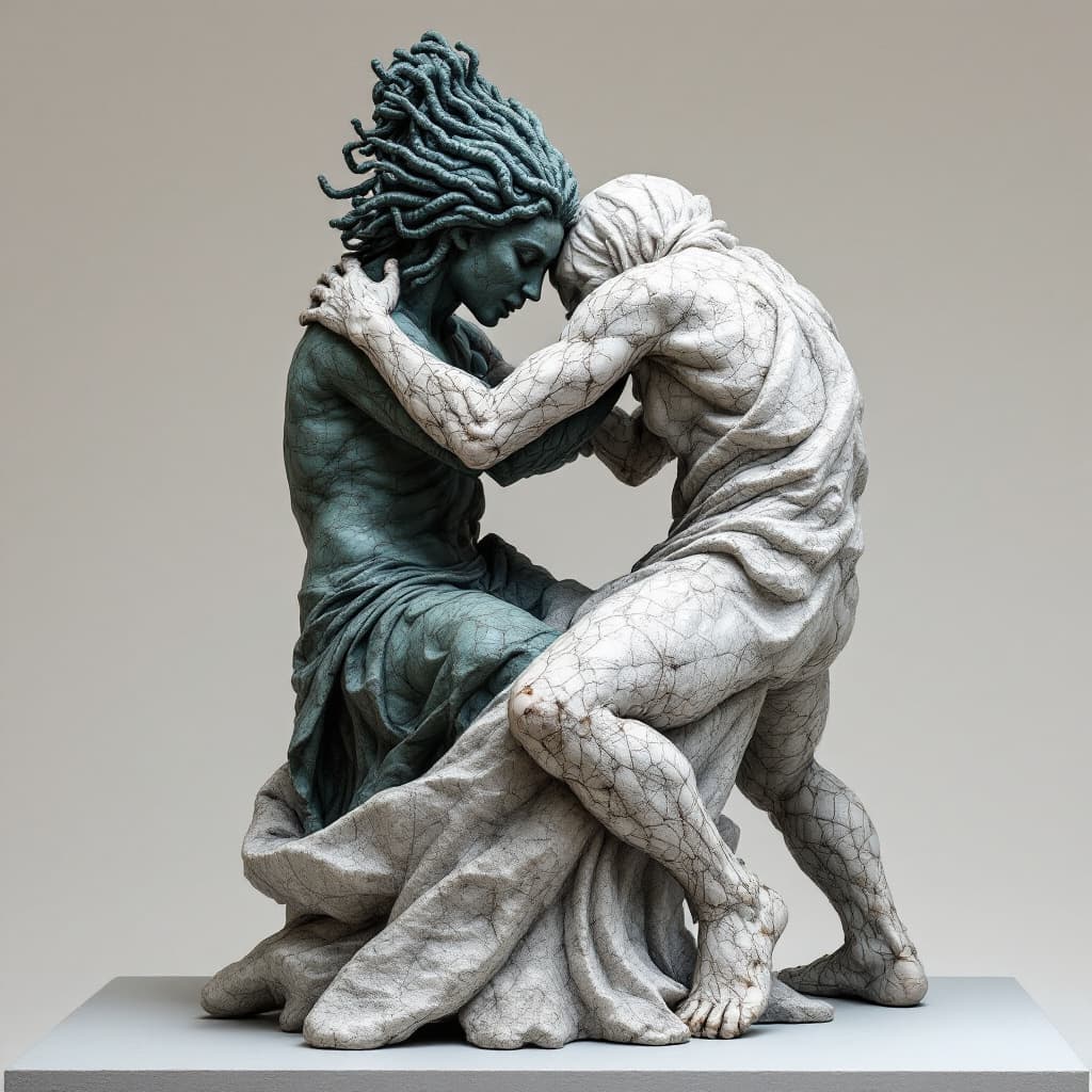 AI generated: Sculpture intertwined représents two culture first nations and french réconciliation