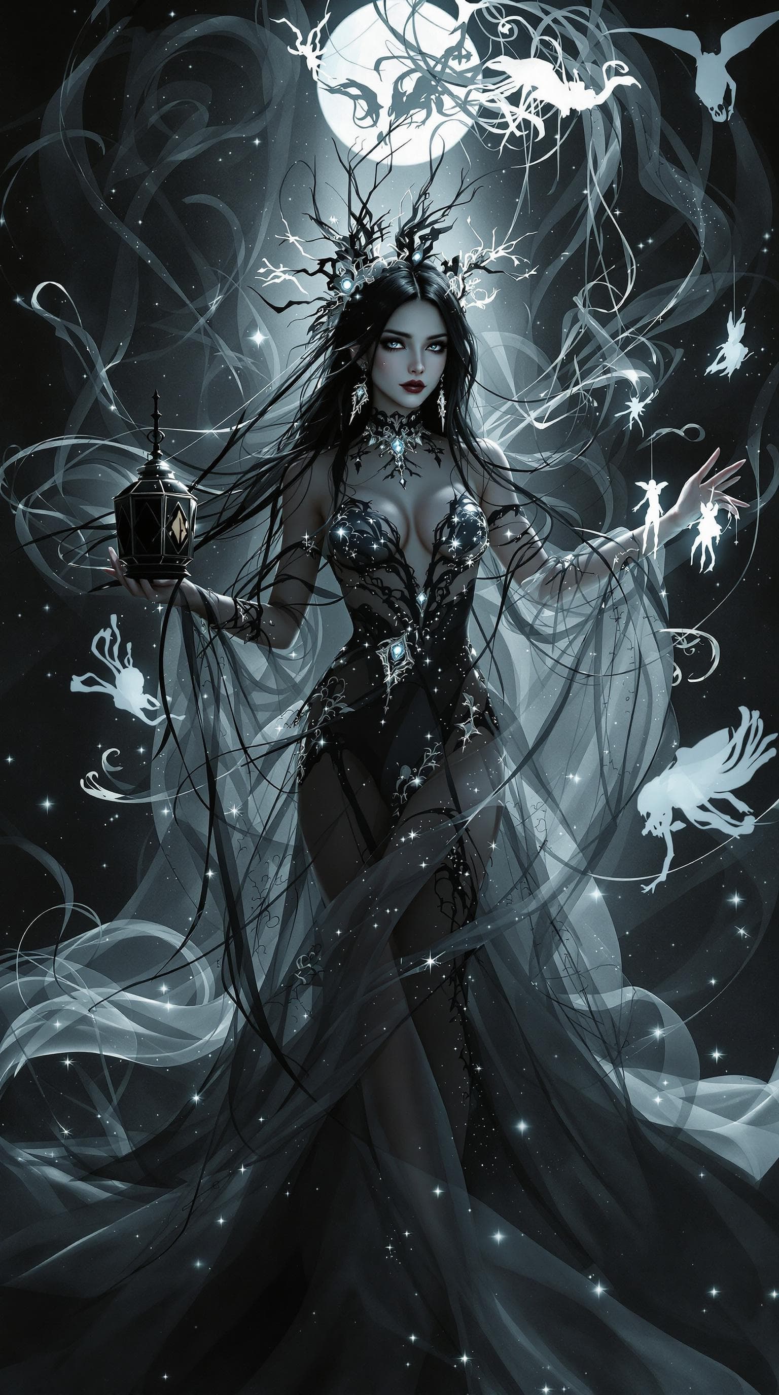 AI generated: An ultra-realistic, full-body portrait of a captivating shadow puppeteer woman, radiating ethereal g...