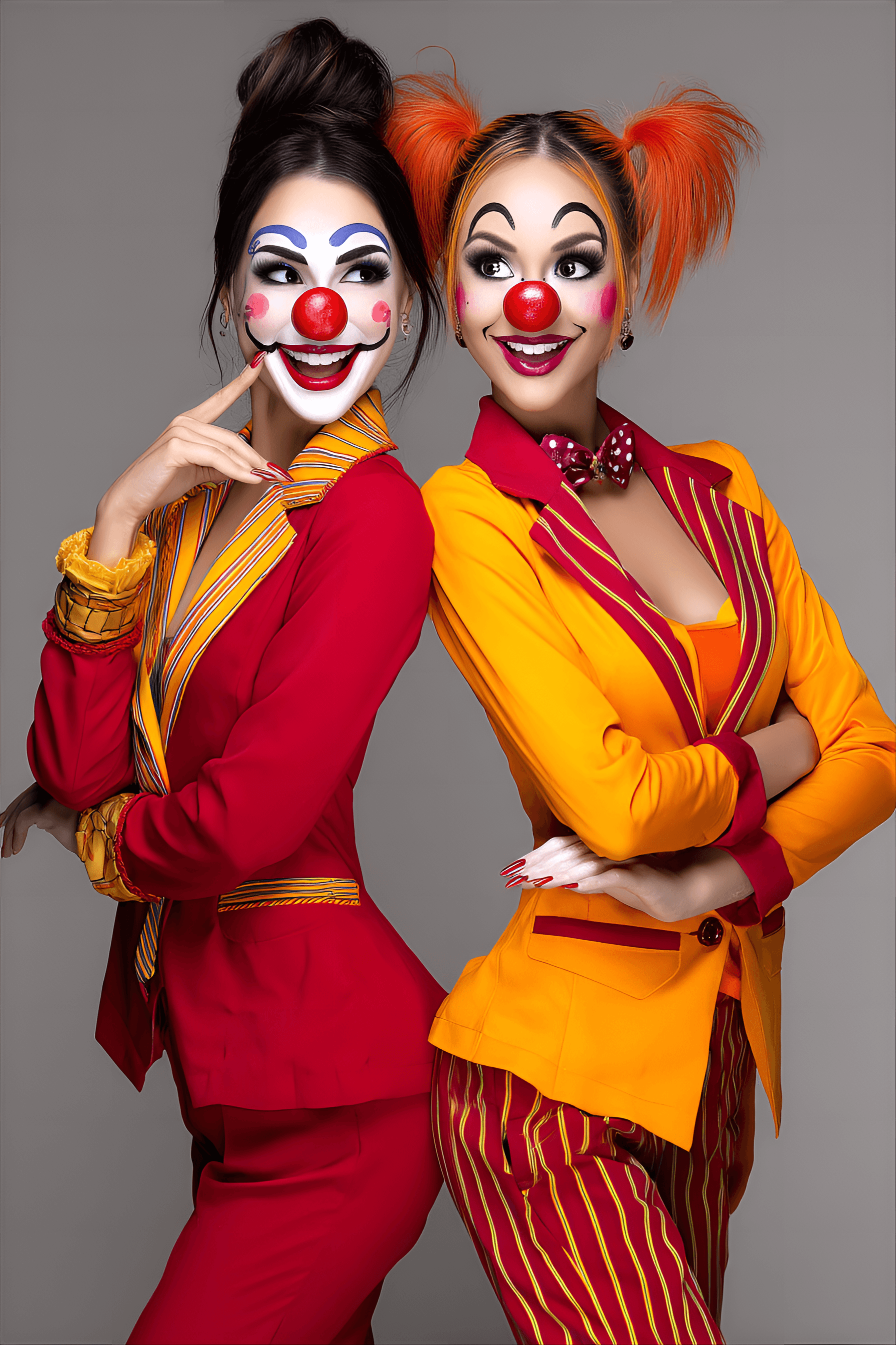 AI generated: funny caricature, quirky clown duo, female, unspecified ethnicity, 30 years old, painted faces, mism...
