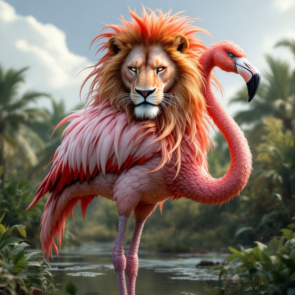 AI generated: A majestic flamingo with the head of a fierce lion, featuring a flowing mane and intense, regal eyes...