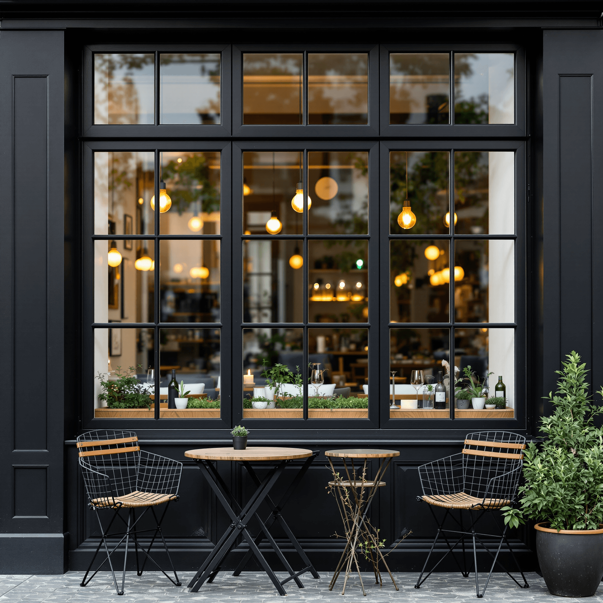 AI generated: close-up, depht of field, the facade of the cafe is black . with large windows and wood trim . reali...