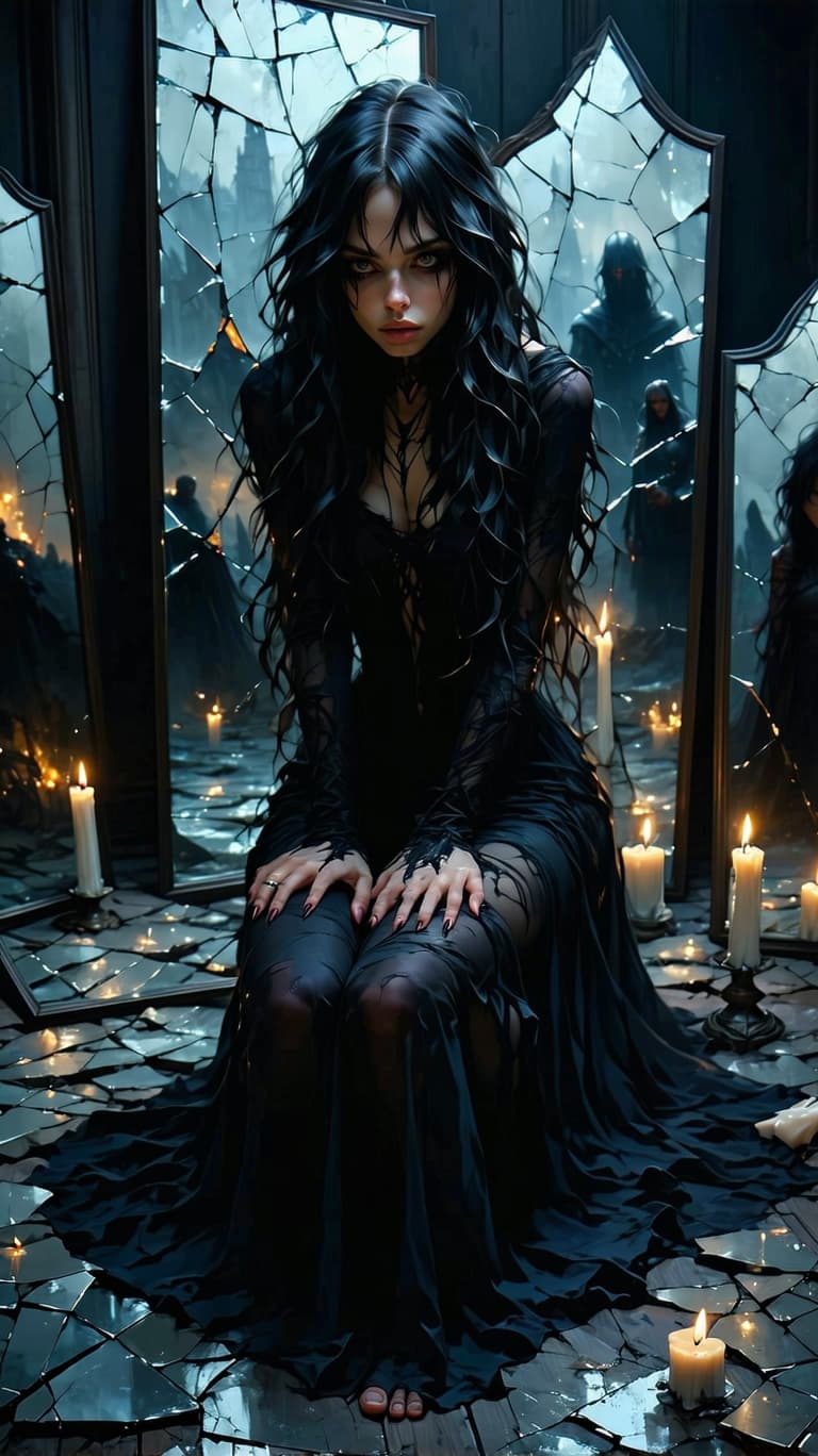 AI generated: A solitary female goth figure with long black wavy hair and bangs in a dark, candlelit room, surroun...