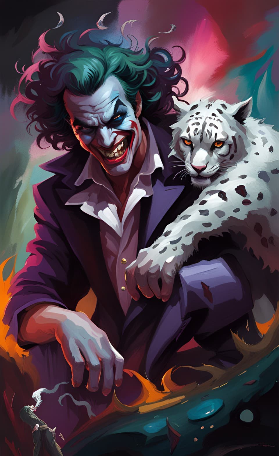 AI generated: Insane portrait digital painting of The Joker, the dark night rises, action rage pose, with a beauti...