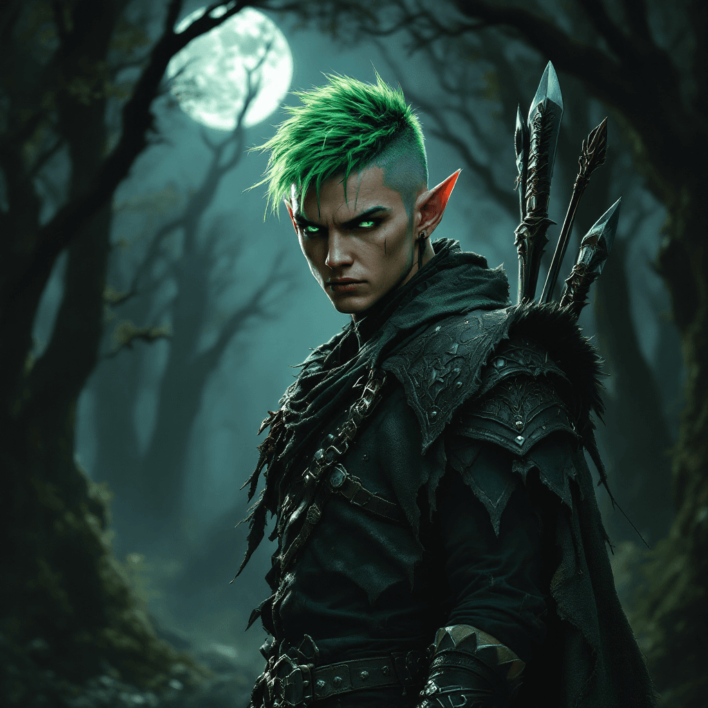 AI generated: A rebellious elf with short, vibrant green hair, shaved on one side and adorned with small, black fe...