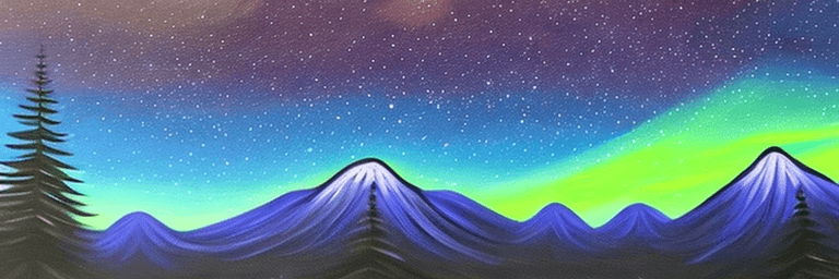 AI generated: painting of northern lights, trees and mountains silhouette, acrylic paint, brush strokes, realistic