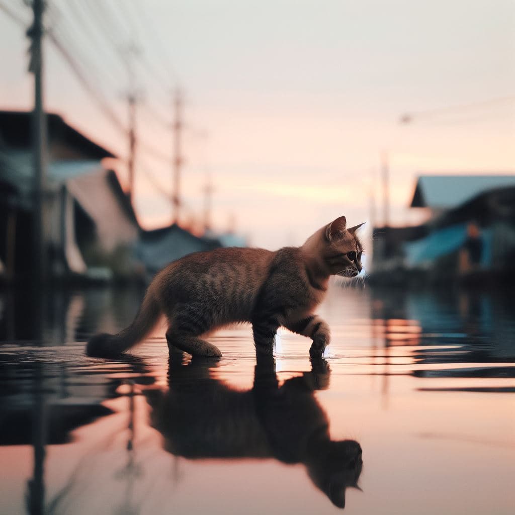 AI generated: cat walking on water watching reflection,  RAW photo,  dslr, soft lighting, high quality, film grain...