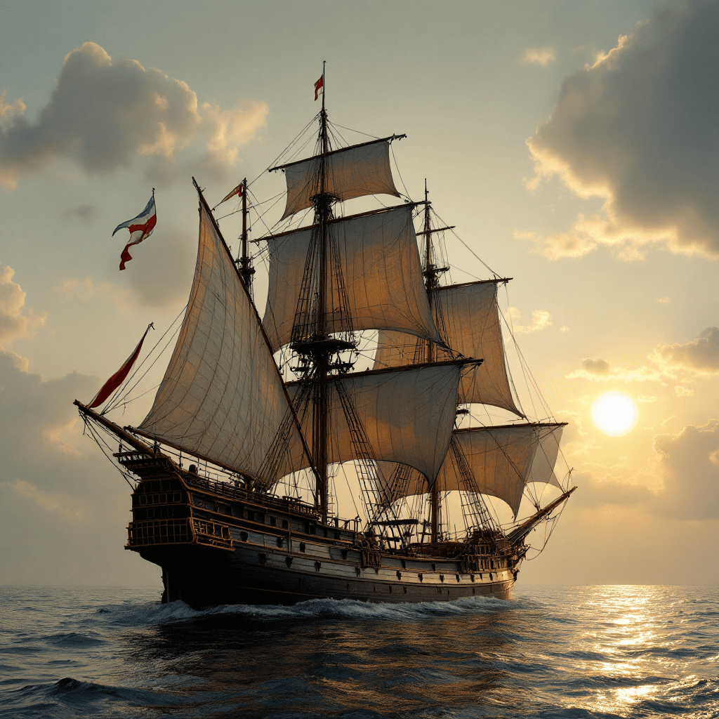AI generated: photo of a ultra realistic sailing ship, dramatic light, pale sunrise, cinematic lighting, battered,...