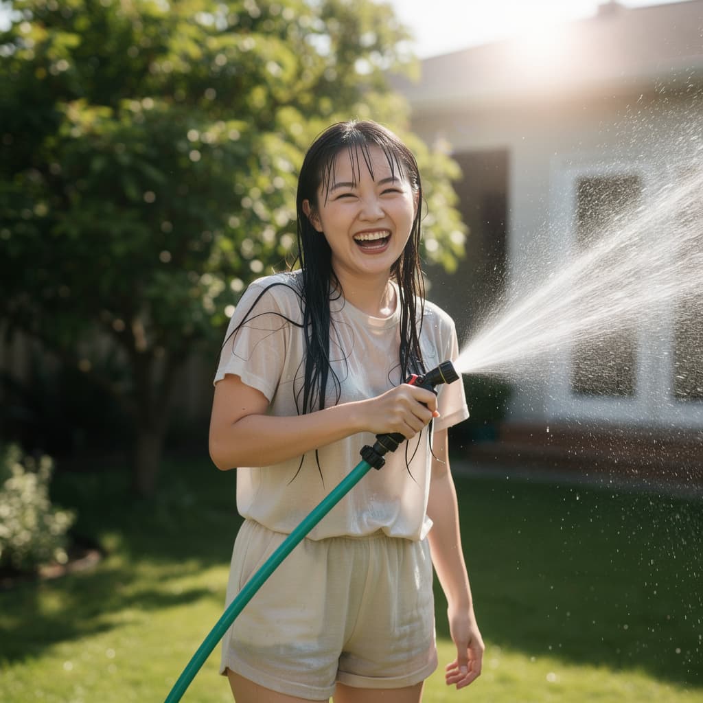 AI generated: A vertical ultra-realistic masterpiece photograph of a joyful East Asian woman with long wet black h...