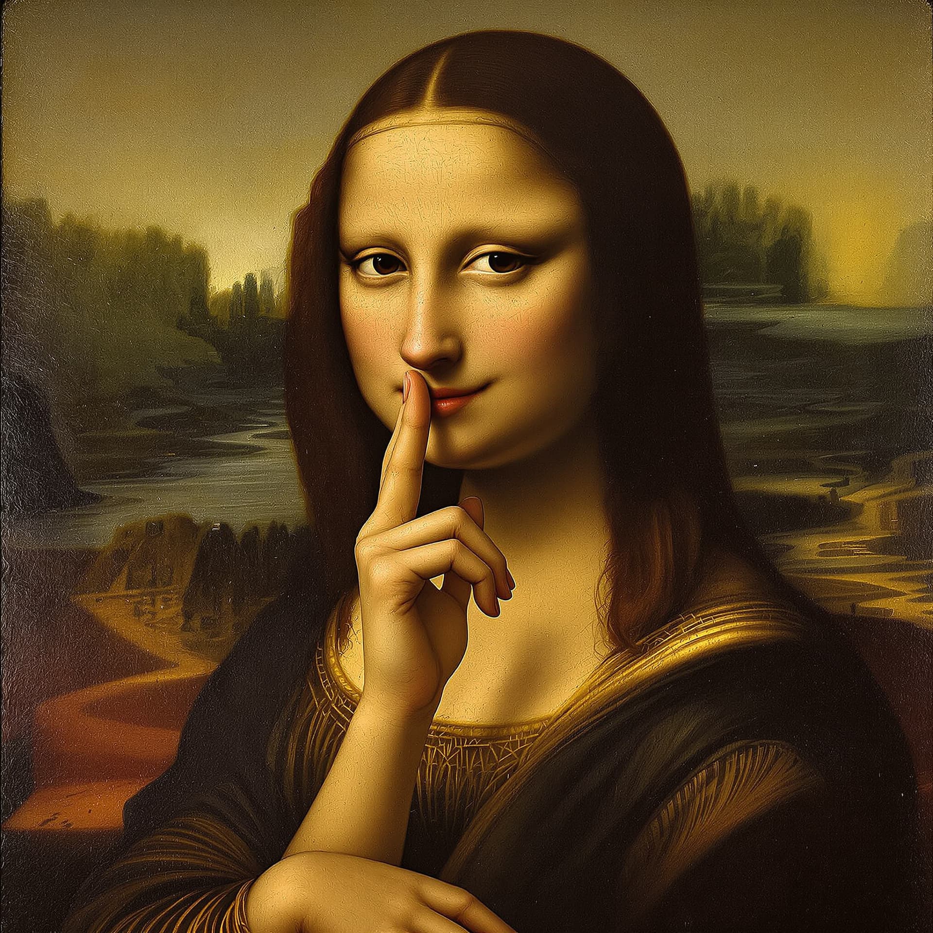 AI generated: Mona Lisa with her fingers holding her NOSE. Leonardo Da Vinci, Renaissance paintings --ar 4:5 --sty...