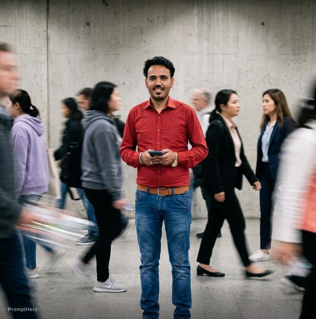 AI generated: photoraphy, front view, an artistic image capturing the essence of urban hustle with a single focuse...