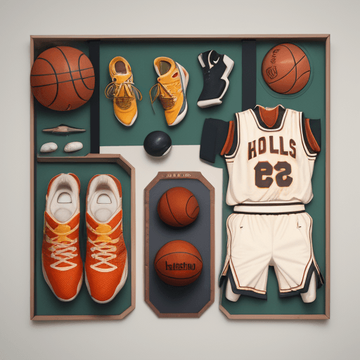 AI generated: a flat lay photography of vintage basketball outfit knolling :: Wes Anderson color palette, studio l...
