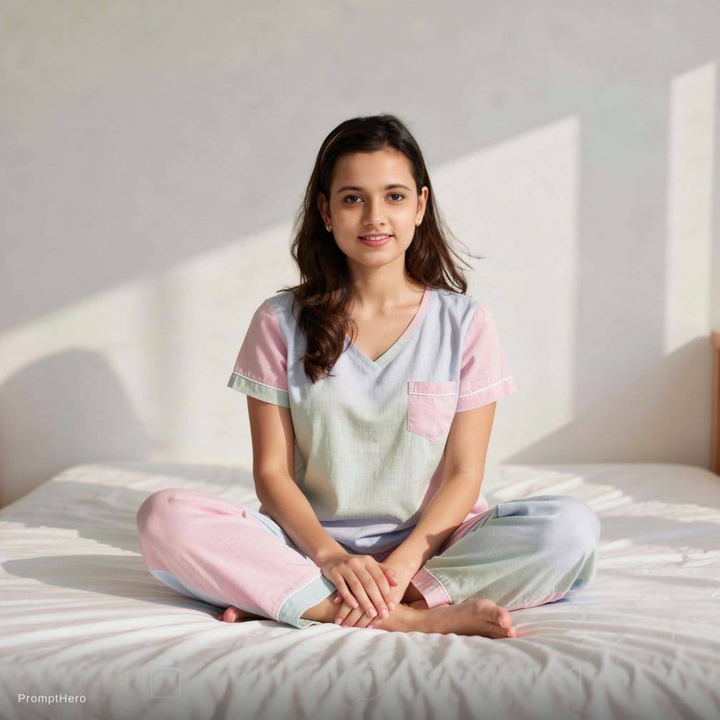 AI generated: This girl wearing bra and undies. Sitting on the bed, h...