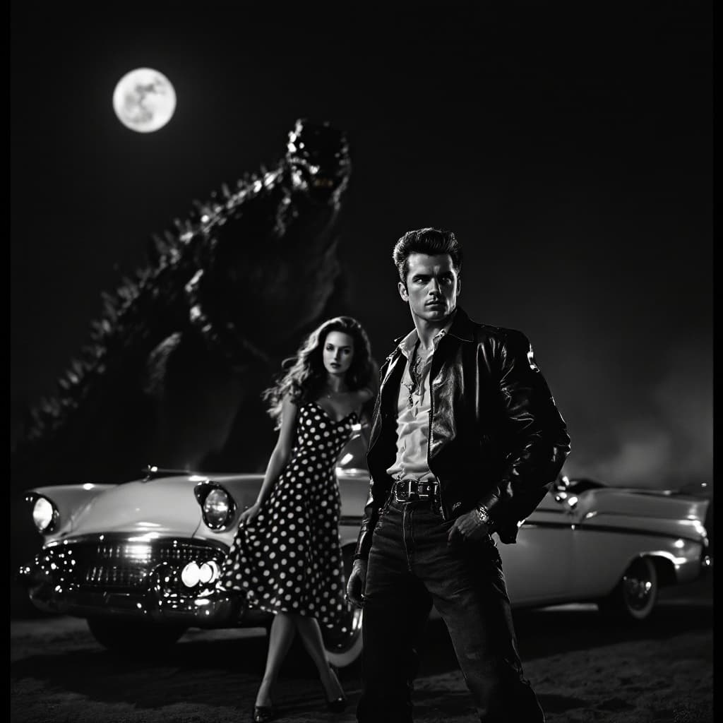 AI generated: "Depict a dramatic black-and-white 1950s action movie scene, photographed in the style of vintage fi...