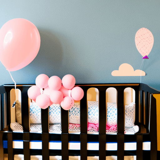 AI generated: create a image of a newborn in a super padded pink and blue crib with balloons around it with soft g...