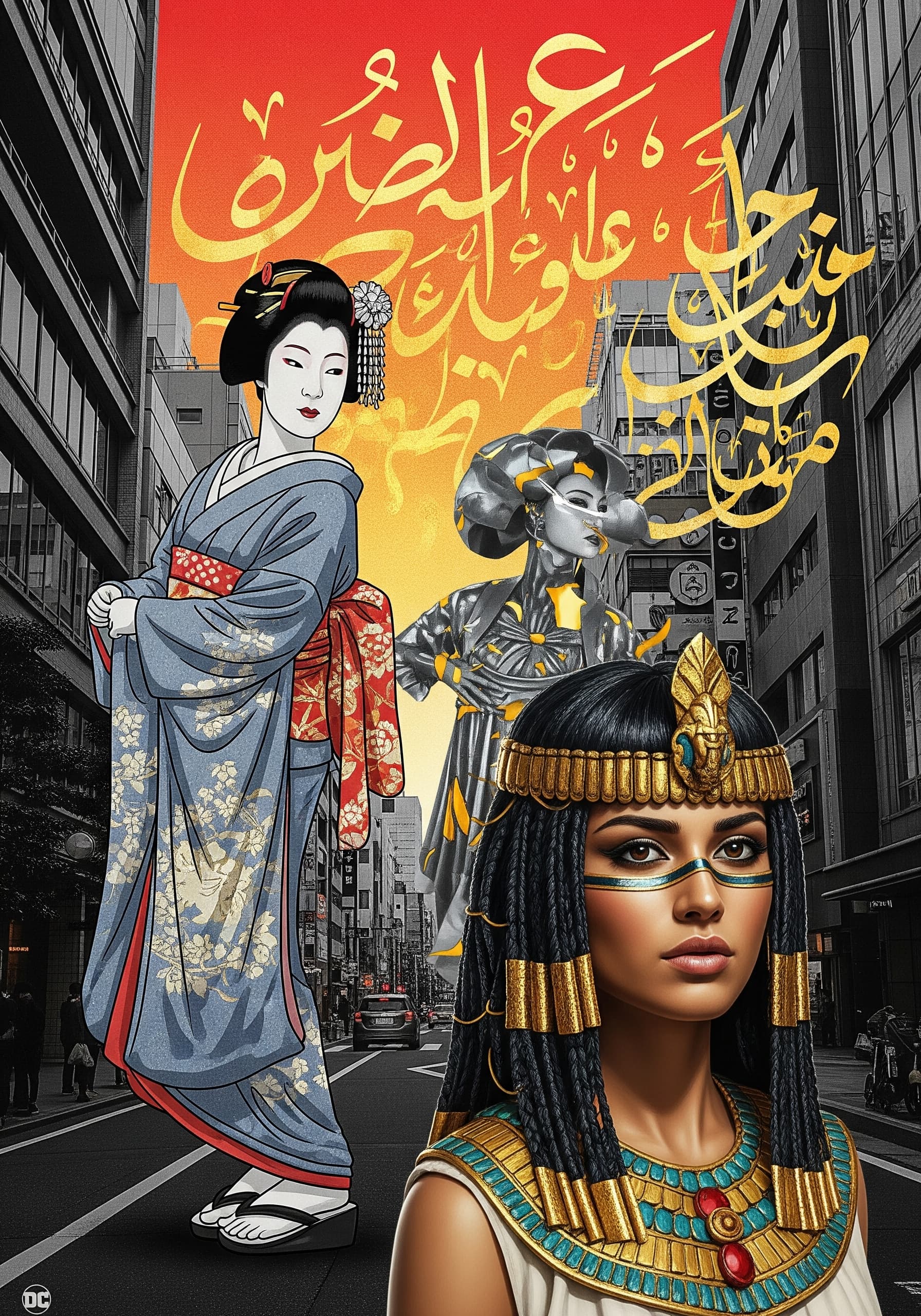 AI generated: A dynamic collage in the style of Op Art, featuring a geisha and a hyper-realistic Egyptian girl wit...
