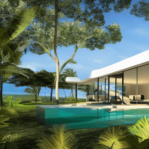 AI generated: ultra-modern mega villa by the sea with swimming pool and green space with beautiful open space and ...