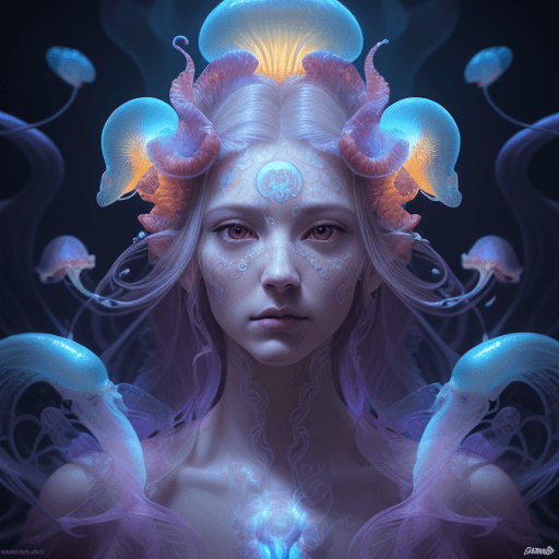 AI generated: Goddess close-up portrait ribcagel. jellyfish phoenix head, nautilus, orchid, skull, betta fish, bio...