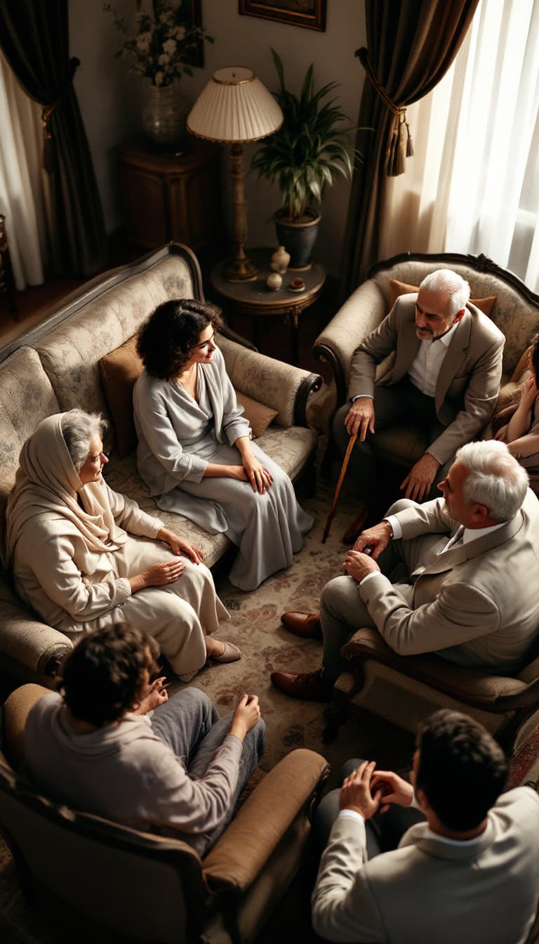 AI generated: A high-angle shot of a traditional Iranian engagement gathering in a spacious 1950s home. The living...