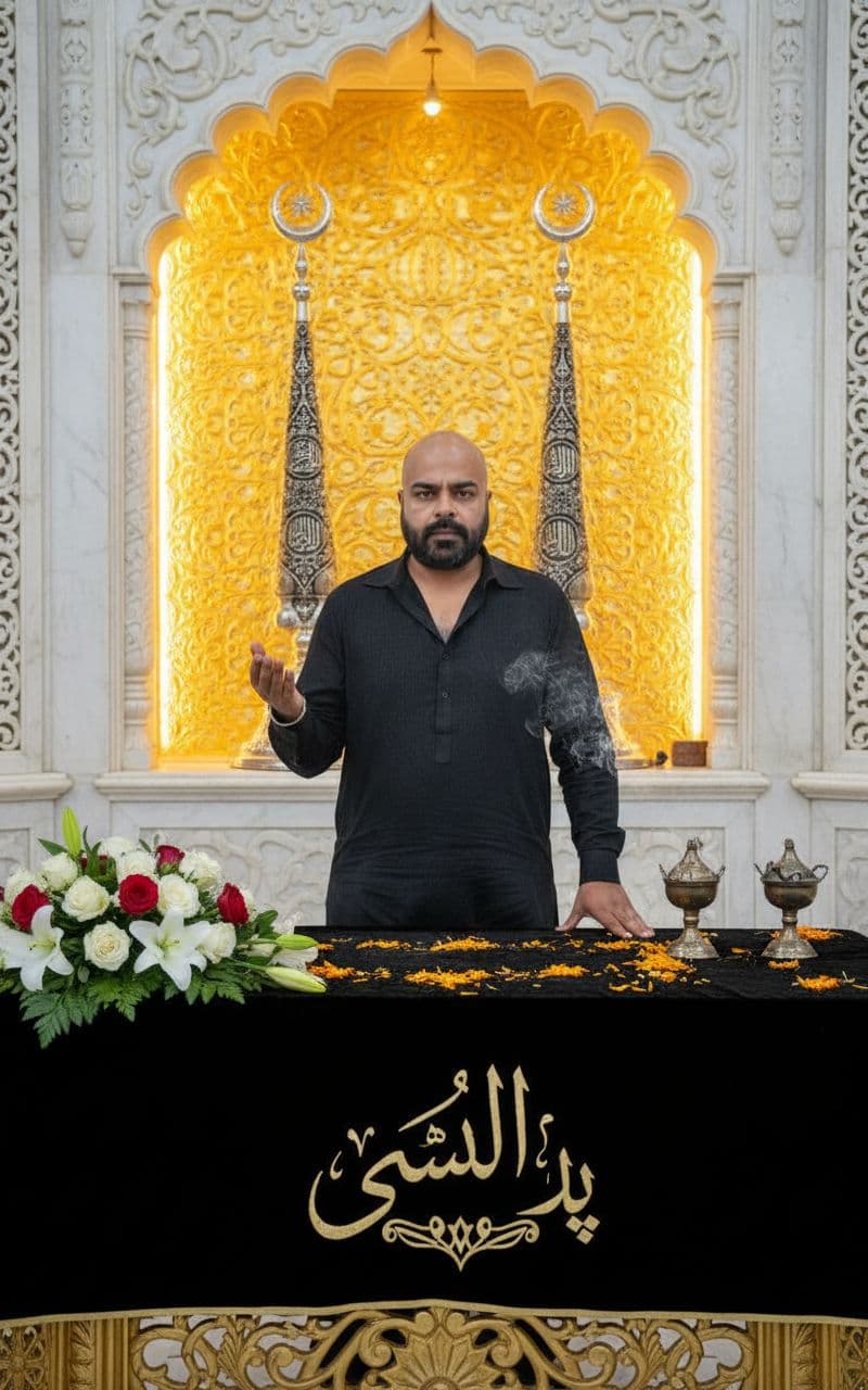 AI generated: Create a hyper-realistic 4K/8K scene inside a beautiful marble Imam Bargah. In front, place a table/...