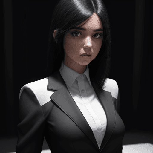 AI generated: A   girl  black hair and wearing a black suit and white shirt, not realistic, detailed, studio light...