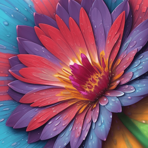 AI generated: "A close-up of a vibrant flower with large petals in shades of red, orange, purple, and blue, covere...