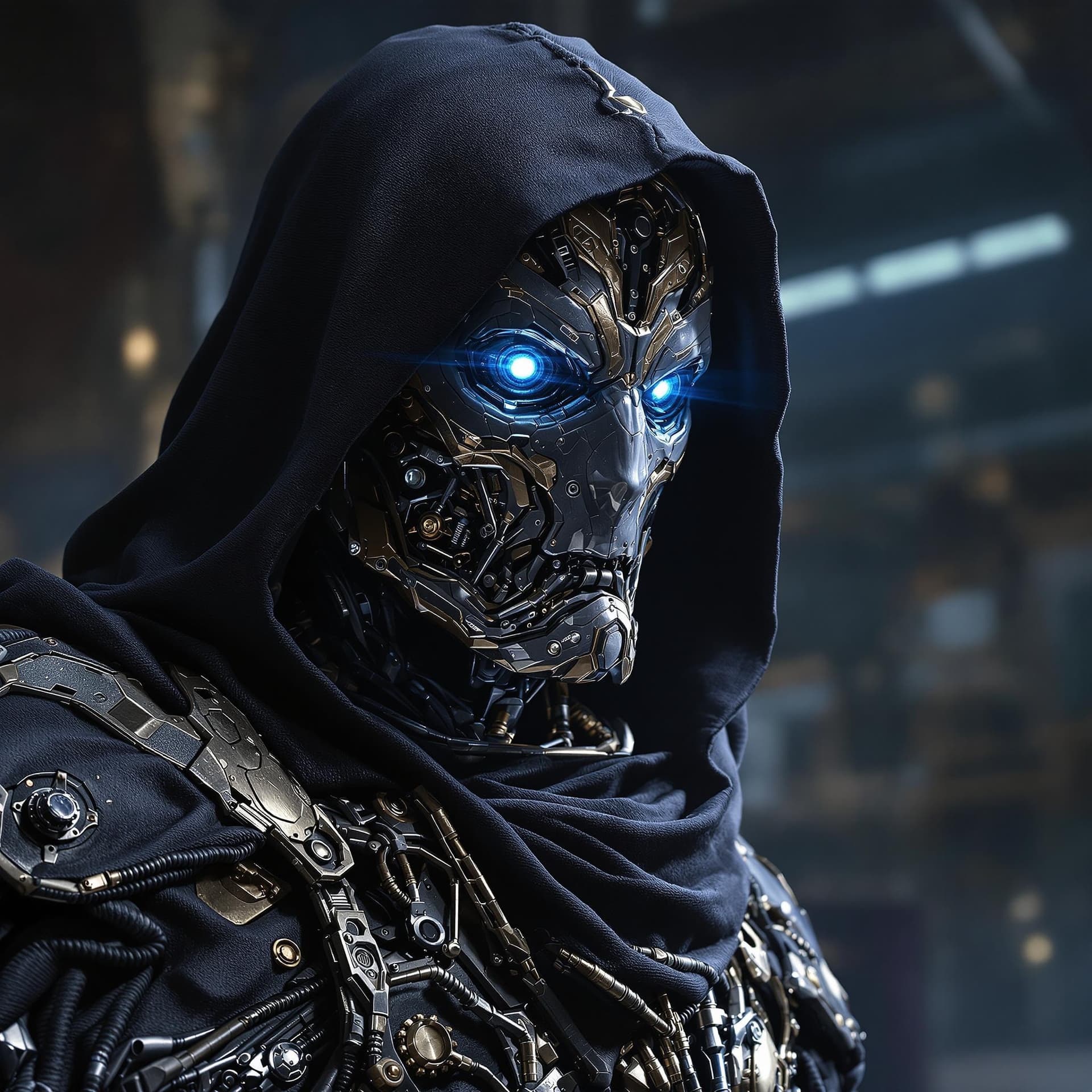 AI generated: Photo of a ultra realistic warforged robot, dramatic light, fantasy art portrait, hooded cloak, stea...