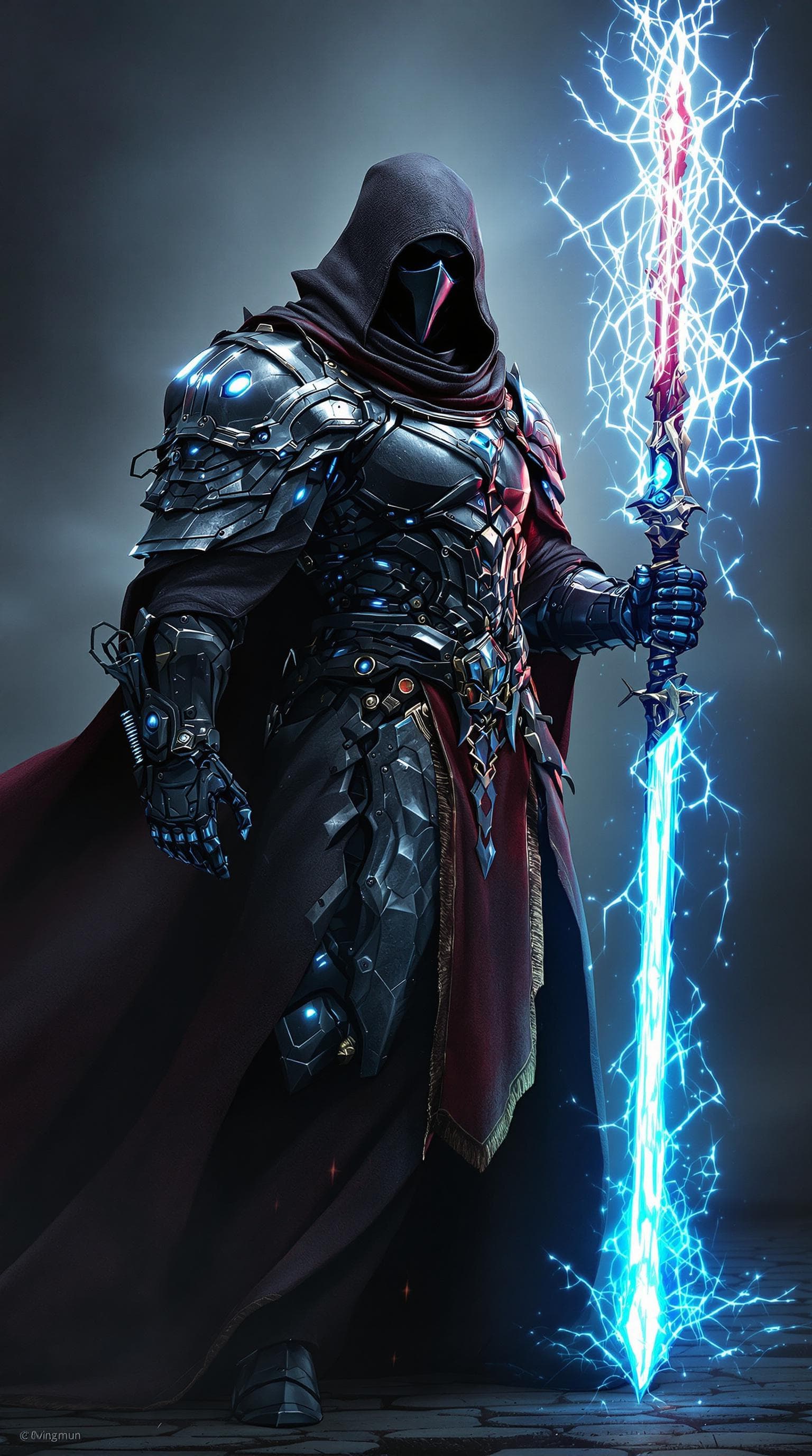 AI generated: medieval knight cybernetic mage with cool robes and glowing weapon, sci-fi, photorealistic, cinemati...