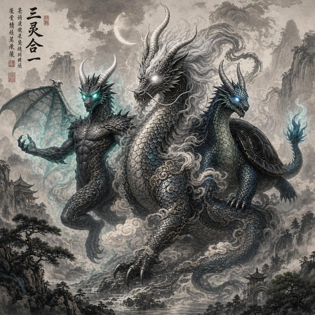 AI generated: Combine all three of these dragons into one in Chinese style themed dragon