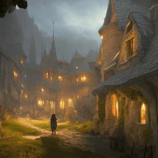 AI generated: """a beautiful dark fantasy medieval large village with several houses made of stones in a beautiful...