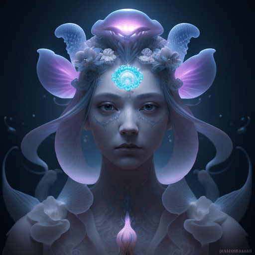 AI generated: Goddess close-up portrait ribcagel. jellyfish phoenix head, nautilus, orchid, skull, betta fish, bio...