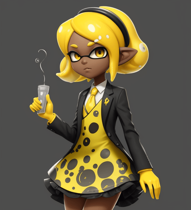 AI generated: splatoon, inkling, short hair, dark skin, yellow hair, formal dress