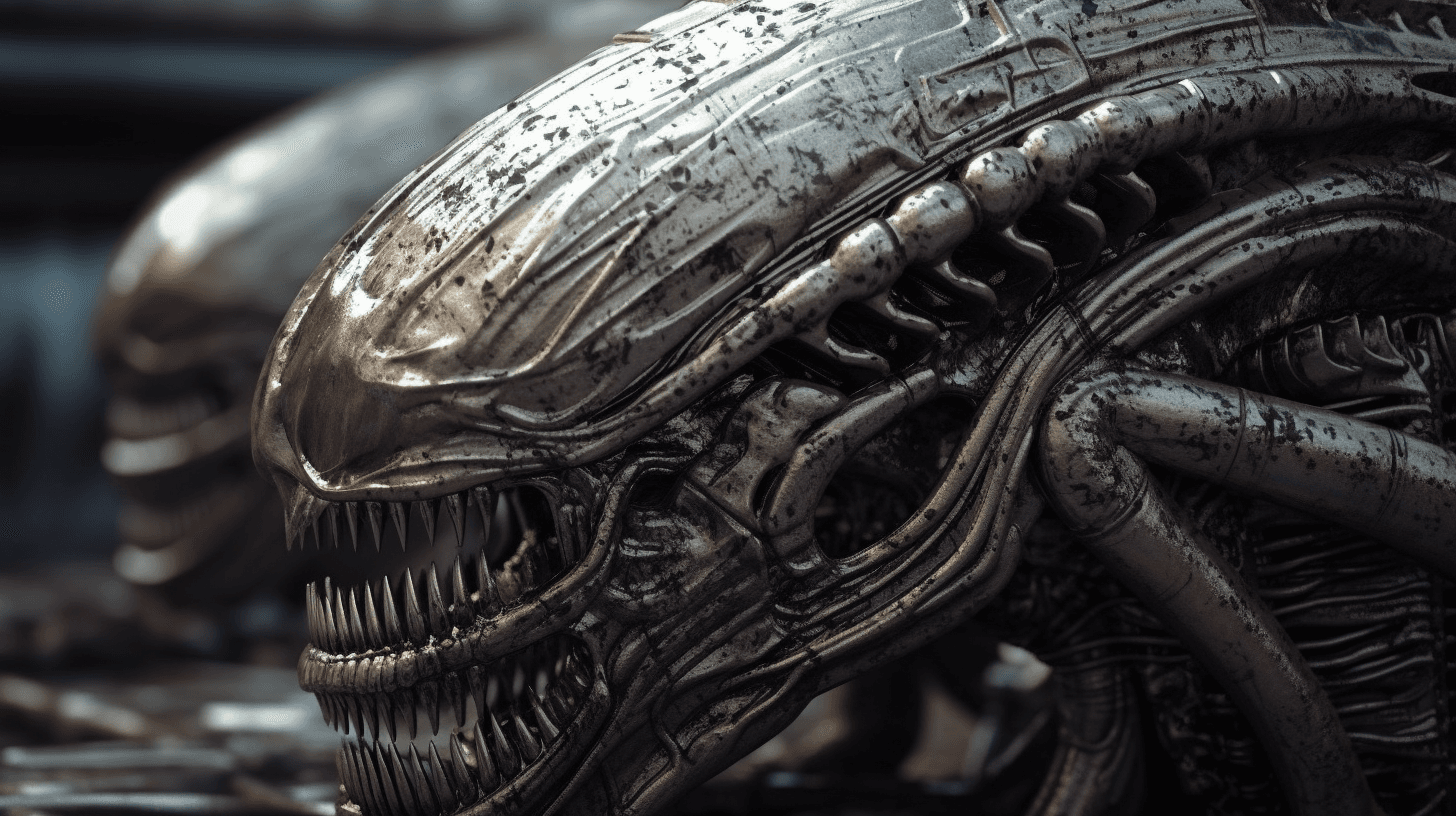 AI generated: H. R. Giger biomorph architectures, walls with Giger xenomorphs and aliens, very complex, shiny silv...