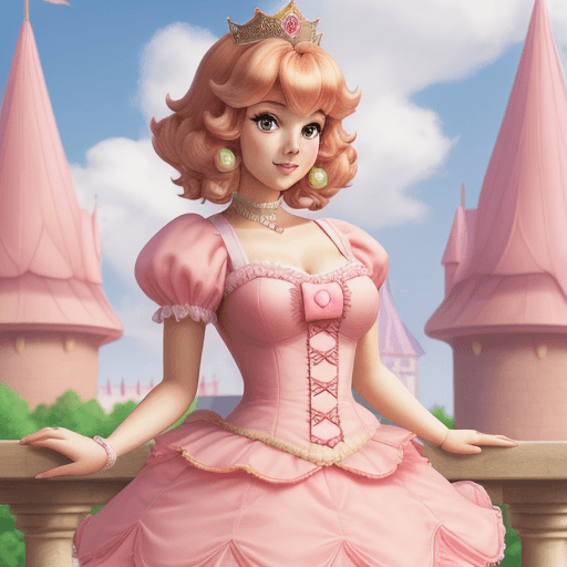 AI generated: High resolution young princess peach, pink castle background short brown hair